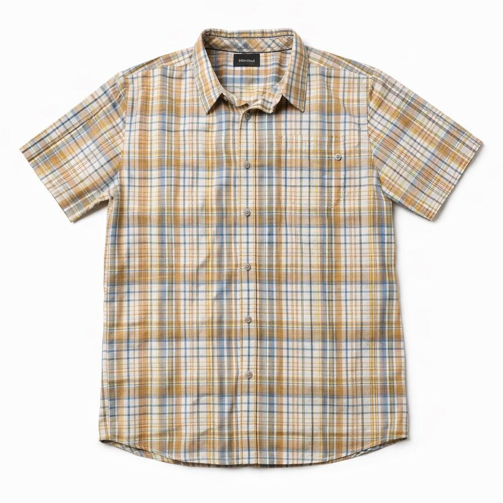 Marmot Trail Plaid Button Up Shirt Cotton Blue Tan Men L Outdoor Casual Rustic C